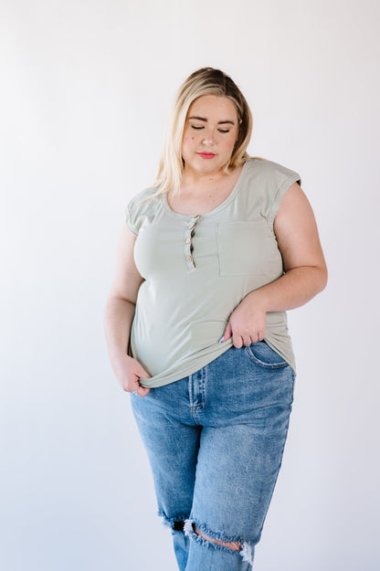 Lucy Ribbed Henley Top - Sage