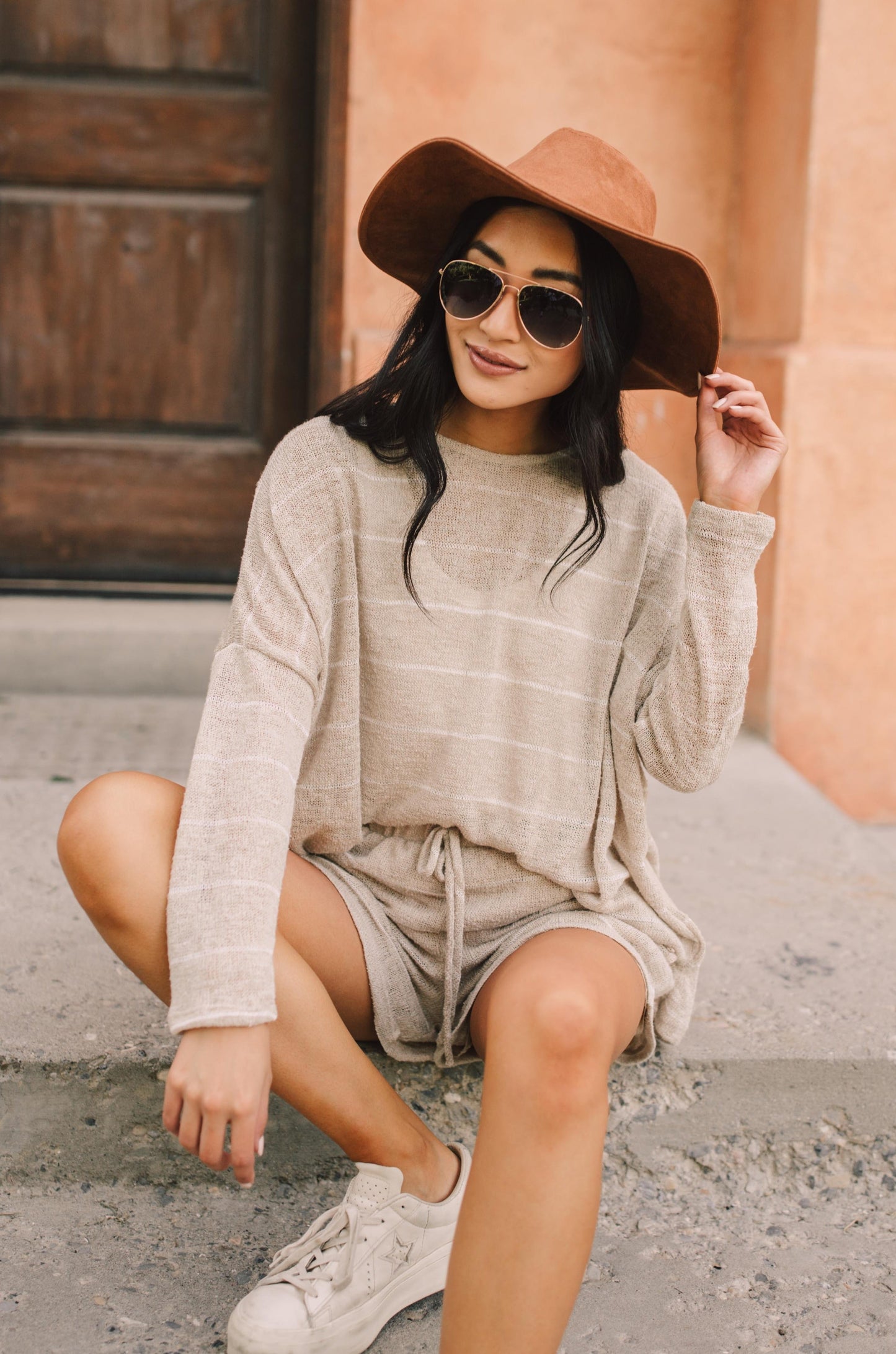 Lightweight Striped Pullover In Taupe