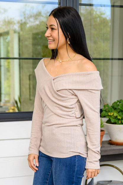 Need You Here Faux Wrap Ribbed Top In Latte