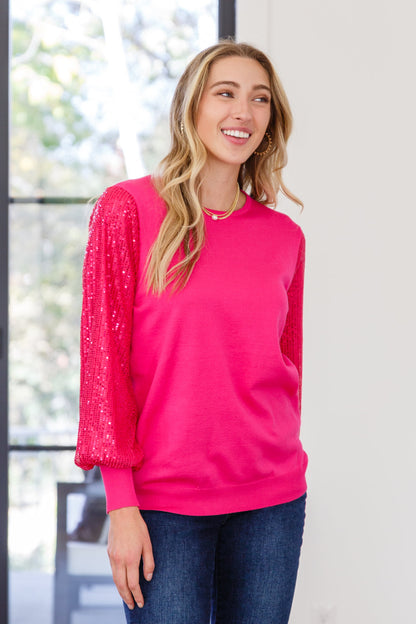 One Wild Night Sequin Sleeves Top In Fuchsia