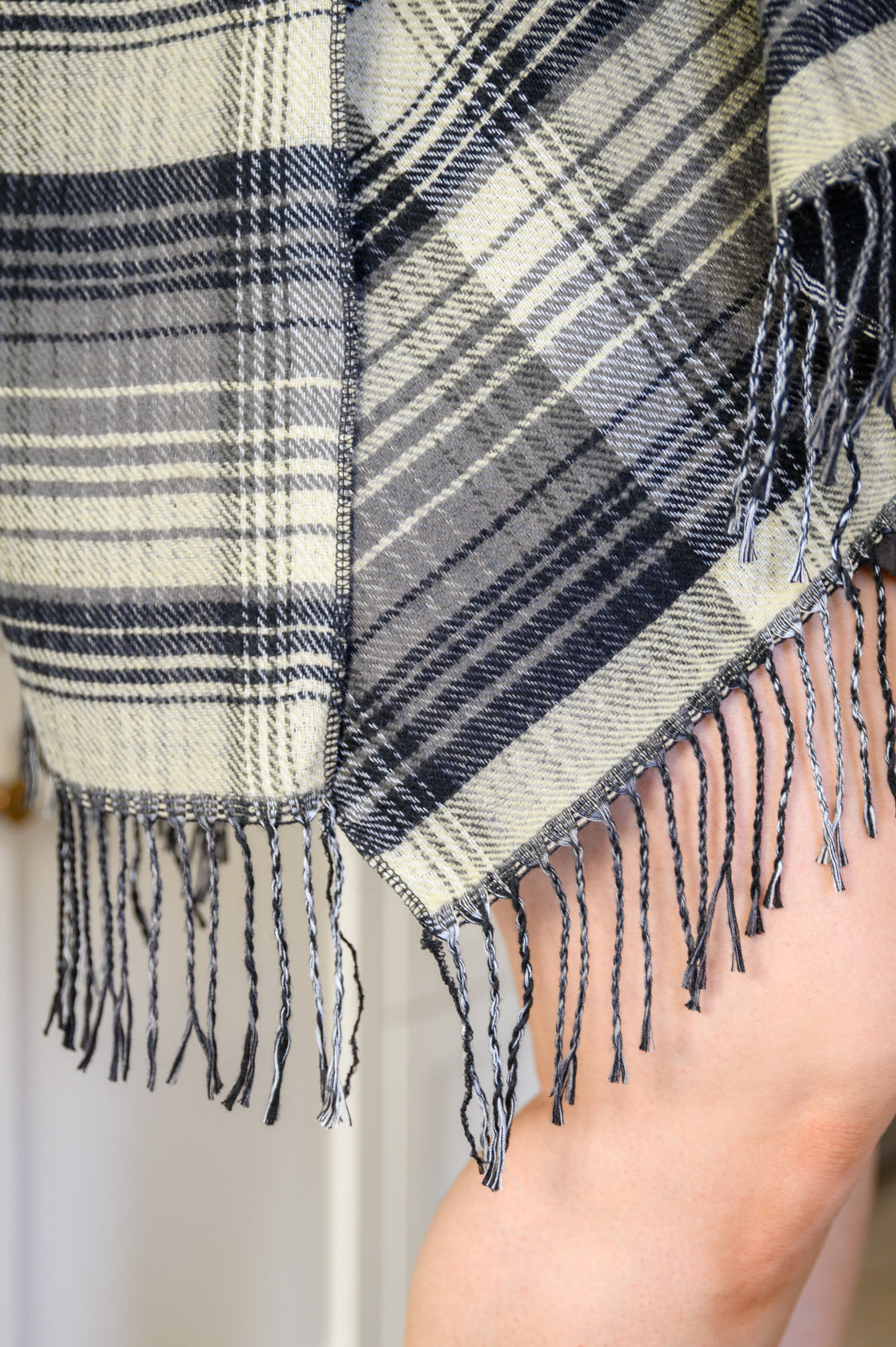 Plaid Fringe Trimmed Open Poncho in Black