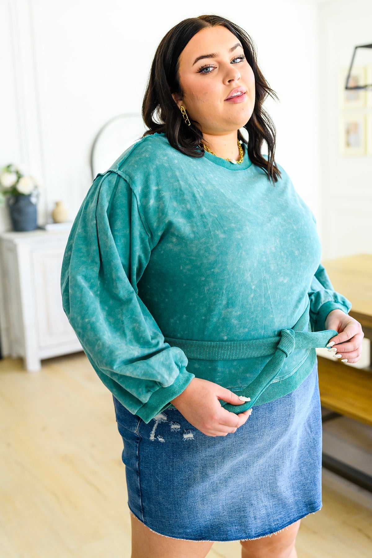 Tied Up In Cuteness Mineral Wash Sweater in Teal